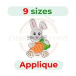 Easter Bunny with Carrot Applique Embroidery Design, digital machine embroidery file in 9 sizes, ideal for Easter projects, children’s clothing, tote bags, quilts, and festive crafts.
