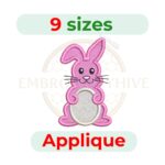 Easter Bunny with Egg Applique Embroidery Design, digital machine embroidery file in 9 sizes, perfect for Easter projects, children’s clothing, tote bags, quilts, and festive crafts.