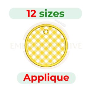 Round Tag Applique Embroidery Design in multiple sizes, digital machine embroidery file for DST, PES, JEF, HUS, and other popular formats. Instant download.