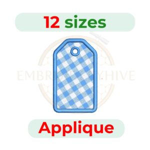 Hexagon Top Tag Applique Embroidery Design in multiple sizes, digital machine embroidery file for DST, PES, JEF, HUS, and other popular formats. Instant download.