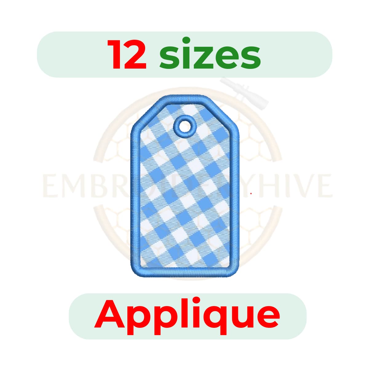 Hexagon Top Tag Applique Embroidery Design in multiple sizes, digital machine embroidery file for DST, PES, JEF, HUS, and other popular formats. Instant download.