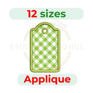 Scalloped Top Tag Applique Embroidery Design in multiple sizes, digital machine embroidery file for DST, PES, JEF, HUS, and other popular formats. Instant download.