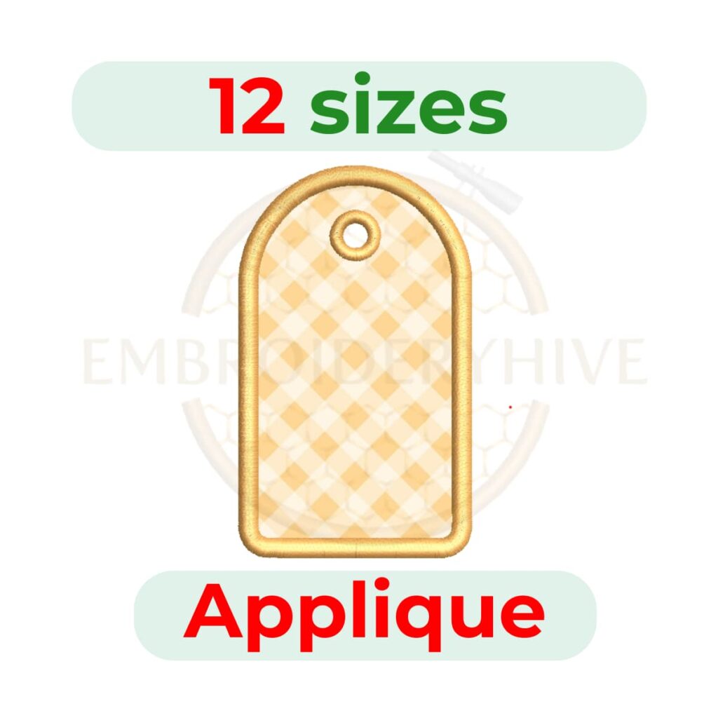 Oval Top Tag Applique Embroidery Design in multiple sizes, digital machine embroidery file for DST, PES, JEF, HUS, and other popular formats. Instant download.
