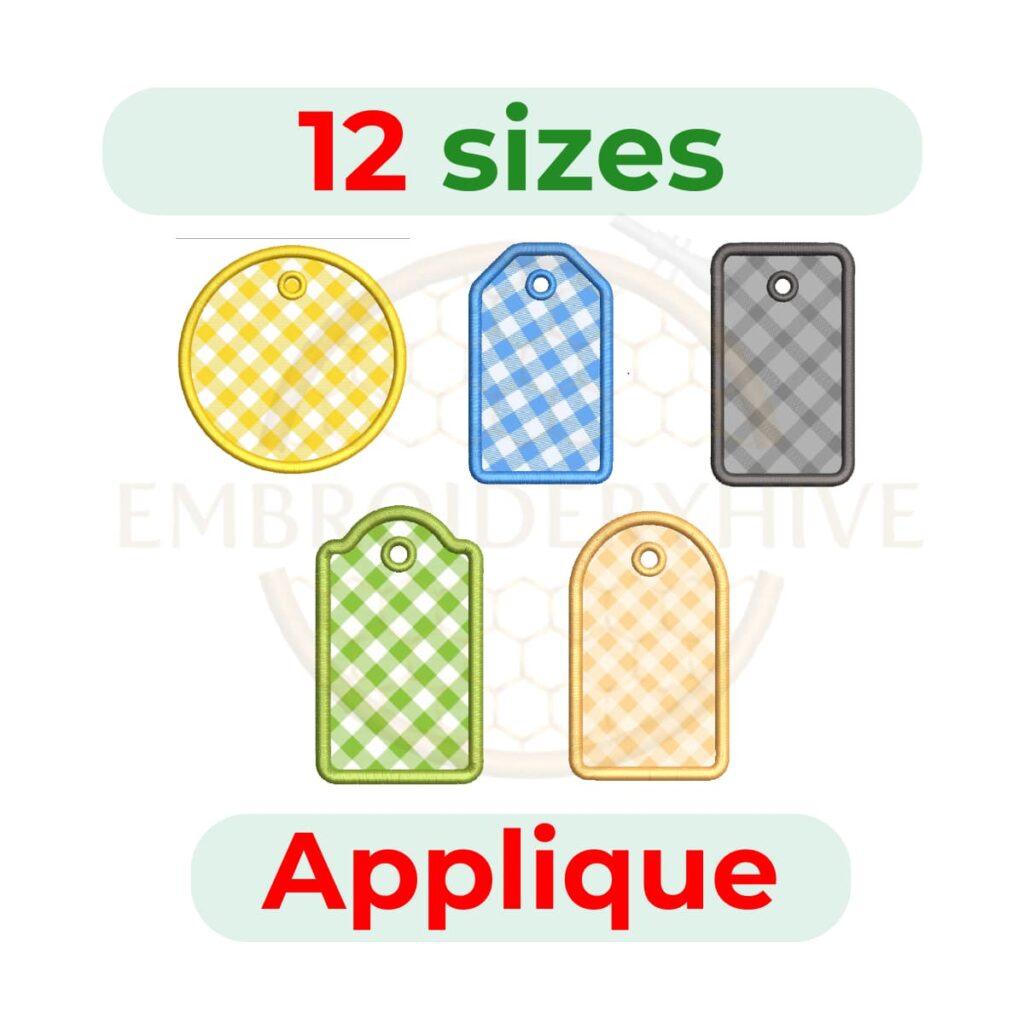 Price Tag Applique Embroidery Design Set in multiple sizes, digital machine embroidery files for DST, PES, JEF, HUS, and more formats. Instant download.