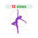 Ballet dancer embroidery design, digital download in 12 sizes (2″ to 7.5″), machine embroidery file for dancers, costumes, and decorative projects.