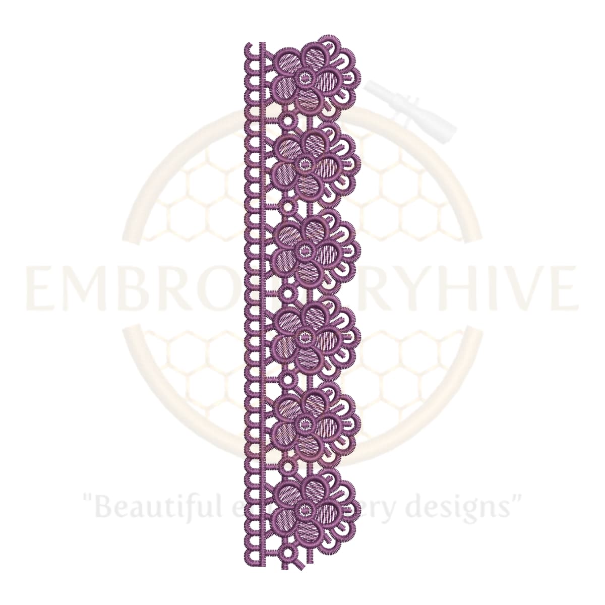 "Floral border embroidery design violet petal edge, digital machine embroidery pattern for tablecloths, pillow covers, curtains, and women’s clothing"