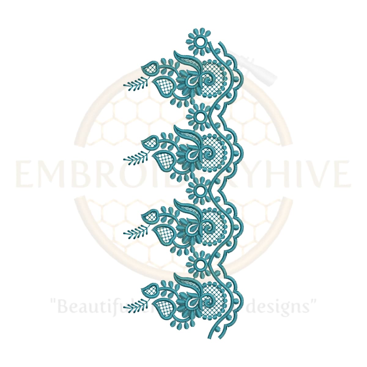 Flower Border Embroidery Design – Aqua Leaf Lace Motif, digital embroidery file, instant download.