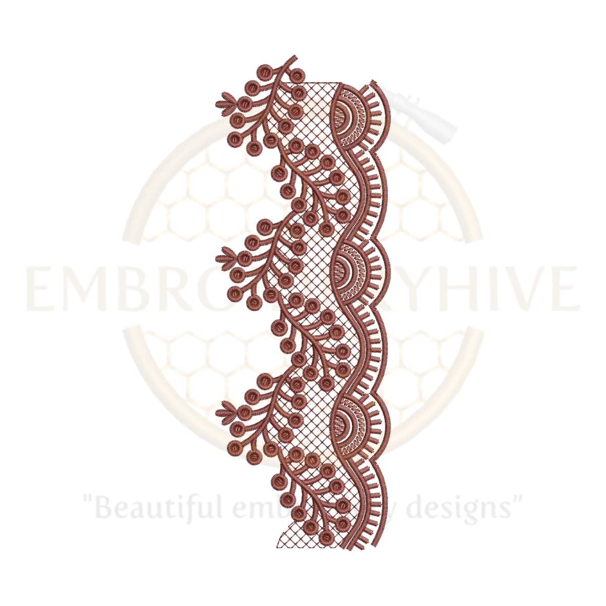 Border Embroidery Design – Brown Blossom Edge Motif (E-0864), digital machine embroidery file for tablecloths, pillow covers, curtains, towels, and women’s clothing.