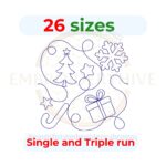 Christmas quilting embroidery design, edge-to-edge quilt block with festive motifs. Includes single-run and triple (bean) stitch styles in 26 sizes (3″–12″). Compatible with embroidery and longarm quilting machines.