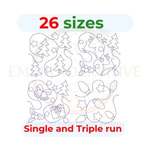 Christmas Quilting Embroidery Design Set – Tree, Reindeer, Bell, Gifts, Lights, and Stars. Digital quilt block embroidery files in single-run and triple (bean) stitch with multiple sizes.