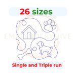 Dog quilting embroidery design, edge-to-edge quilt block in single-run and triple stitch styles. Includes 26 sizes from 3″ to 12″, compatible with embroidery and longarm quilting machines.