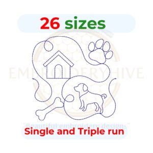 Dog quilting embroidery design, edge-to-edge quilt block in single-run and triple stitch styles. Includes 26 sizes from 3″ to 12″, compatible with embroidery and longarm quilting machines.
