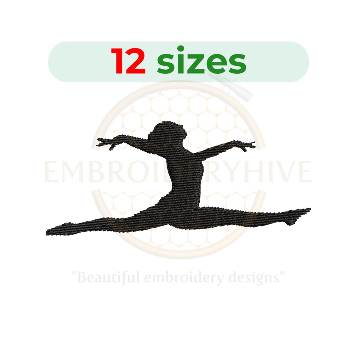Gymnast Girl digital embroidery design in 12 sizes (2″ to 7.5″), for machine embroidery on clothing, home décor, and craft projects.