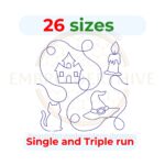 Halloween quilting embroidery design, edge-to-edge quilt block in single-run and triple stitch styles. Includes 26 sizes from 3″ to 12″. Compatible with embroidery and longarm quilting machines.