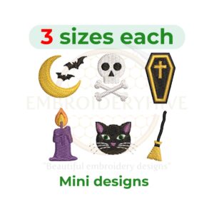 Mini Halloween embroidery design set with broomstick, candle, moon, coffin, cat, and skull – available in 3 sizes for machine embroidery.