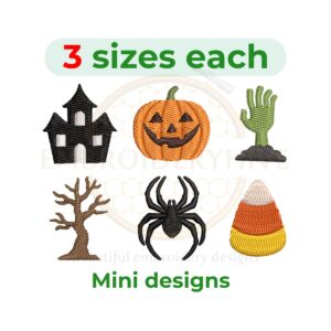Mini Halloween embroidery design set with jack-o-lantern, candy corn, zombie hand, scary tree, haunted house, and spider – 3 sizes included for machine embroidery.