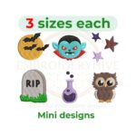 Mini Halloween embroidery designs featuring moon, dracula, gravestone, Halloween star, owl, and potion bottle. Digital embroidery files in 3 sizes for machine use.