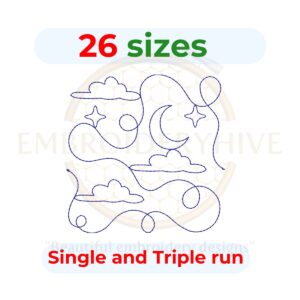 Night scene quilting embroidery design, edge-to-edge quilt block in single-run and triple (bean) stitch styles. Includes 26 sizes from 3″ to 12″. Compatible with embroidery and longarm quilting machines.
