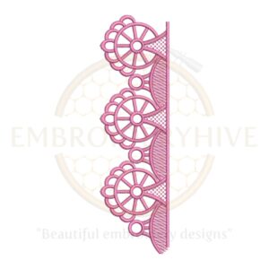 Pink fan lace border embroidery design, elegant scallop-style digital border for tablecloths, curtains, and women’s clothing.