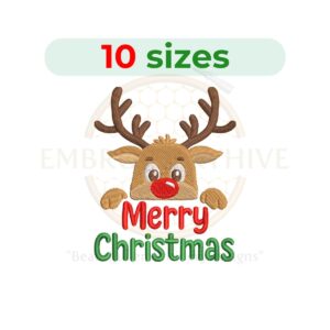 Rudolph Merry Christmas Embroidery Design for machine embroidery, festive reindeer with text pattern, digital holiday embroidery download.