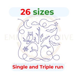 Halloween night tree quilting embroidery design, spooky tree quilt block, edge to edge Halloween machine embroidery pattern, digital download for embroidery and longarm quilting.