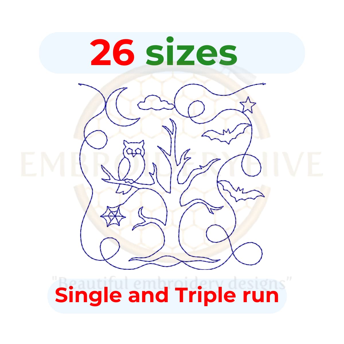 Halloween night tree quilting embroidery design, spooky tree quilt block, edge to edge Halloween machine embroidery pattern, digital download for embroidery and longarm quilting.