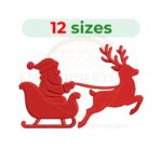 Santa sleigh with reindeer outline embroidery design for Christmas, digital machine embroidery file, holiday sketch stitch design.