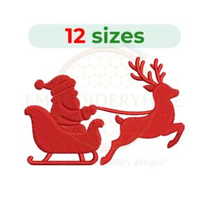 Santa sleigh with reindeer outline embroidery design for Christmas, digital machine embroidery file, holiday sketch stitch design.