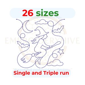 Witch on broom quilting embroidery design, Halloween quilt block, edge to edge machine embroidery pattern, digital download for embroidery and longarm quilting.