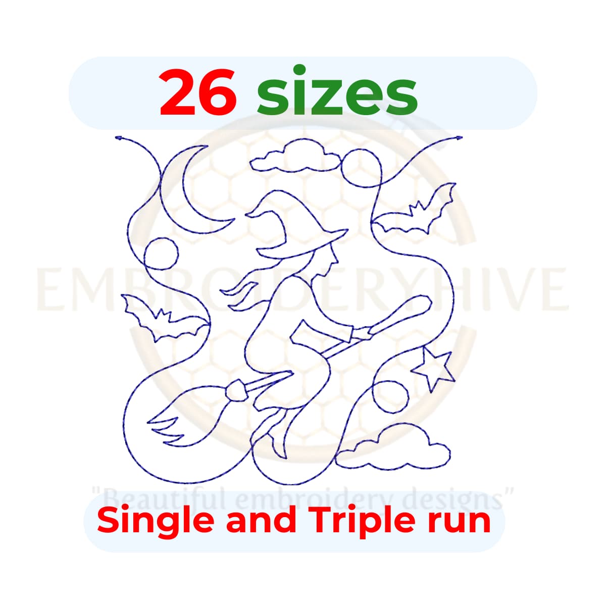 Witch on broom quilting embroidery design, Halloween quilt block, edge to edge machine embroidery pattern, digital download for embroidery and longarm quilting.