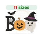 Boo embroidery design for machine embroidery, Halloween-themed digital download from 2.5 to 7.5 inches wide, perfect for spooky decor and gifts.