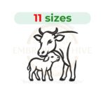 Cow and calf outline embroidery design, farm animal mother and baby silhouette, digital machine embroidery download.
