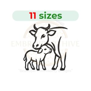 Cow and calf outline embroidery design, farm animal mother and baby silhouette, digital machine embroidery download.