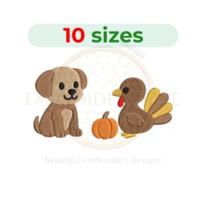 Dog Thanksgiving embroidery design for machine embroidery, festive digital download from 3 to 7.5 inches wide, perfect for holiday decor and pet projects.