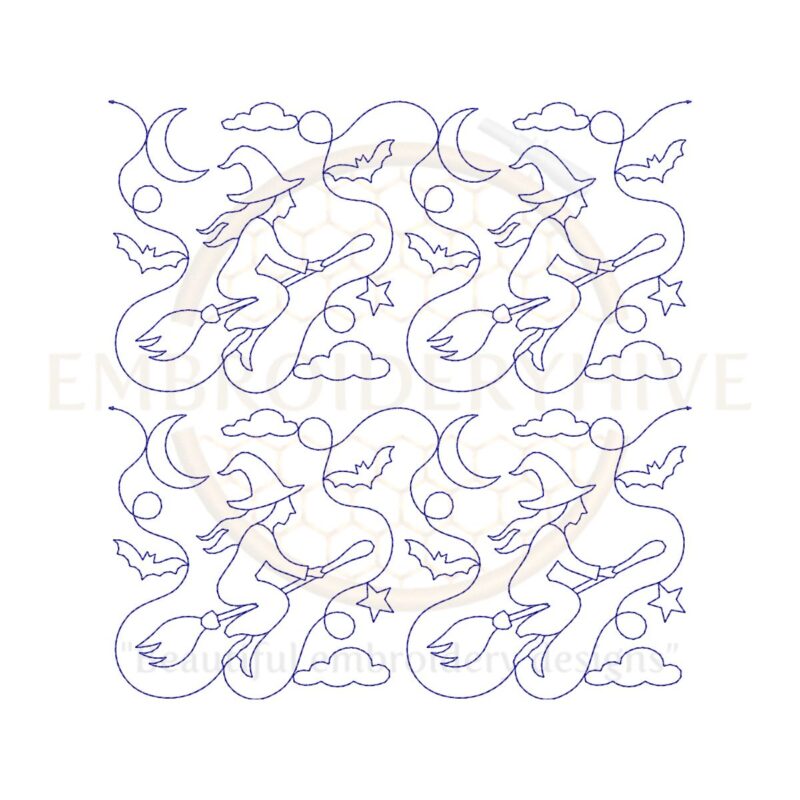 Witch on Broom Quilting embroidery Design | Edge to Edge Quilt Block - Image 2