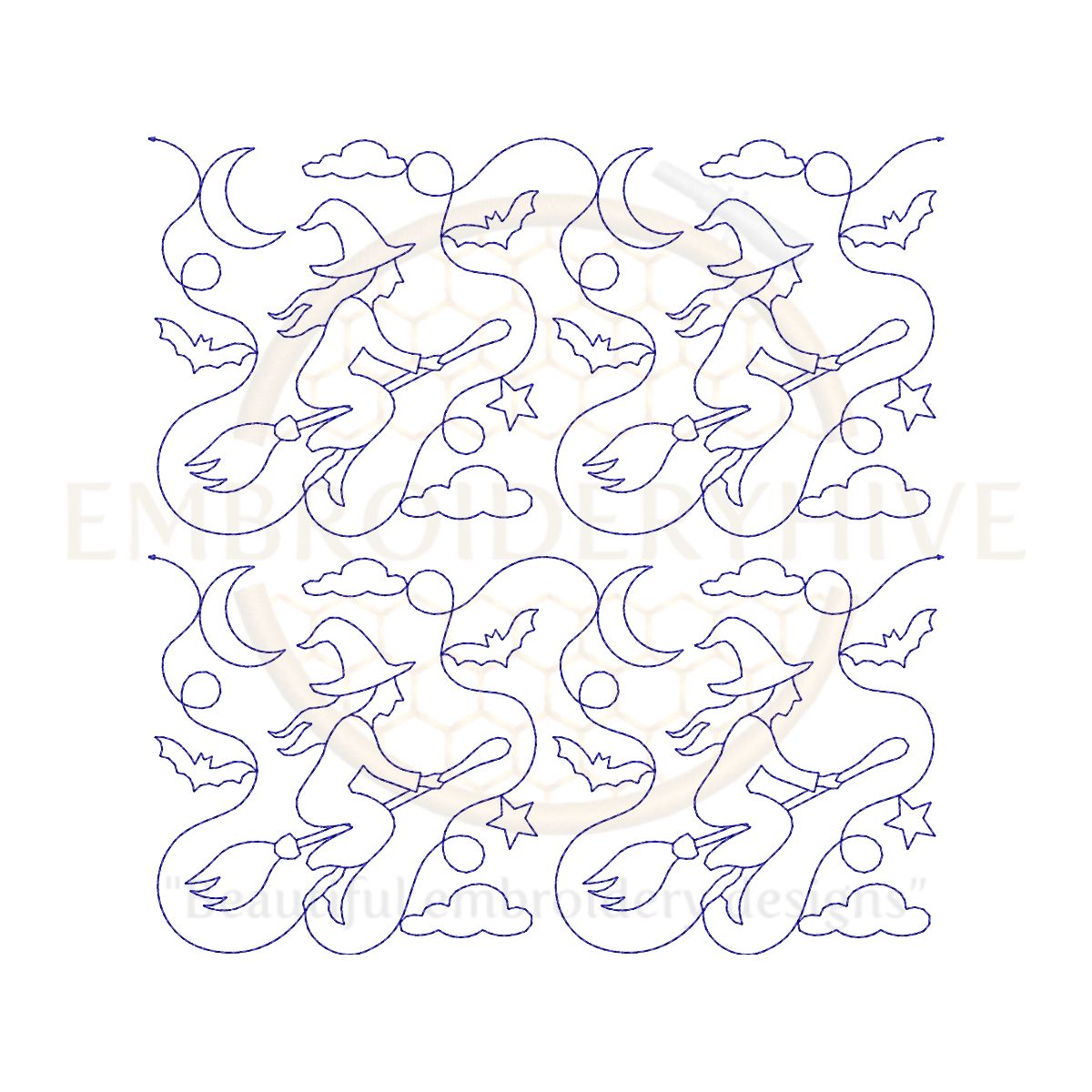 Witch on Broom Quilting embroidery Design | Edge to Edge Quilt Block - Image 2
