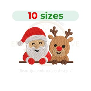 Santa and Reindeer Embroidery Design for machine embroidery, Christmas holiday embroidery pattern, instant digital download.