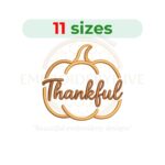 Thanksgiving pumpkin embroidery design for machine embroidery, fall-themed digital download from 2.5 to 7.5 inches wide, perfect for seasonal decor and gifts.