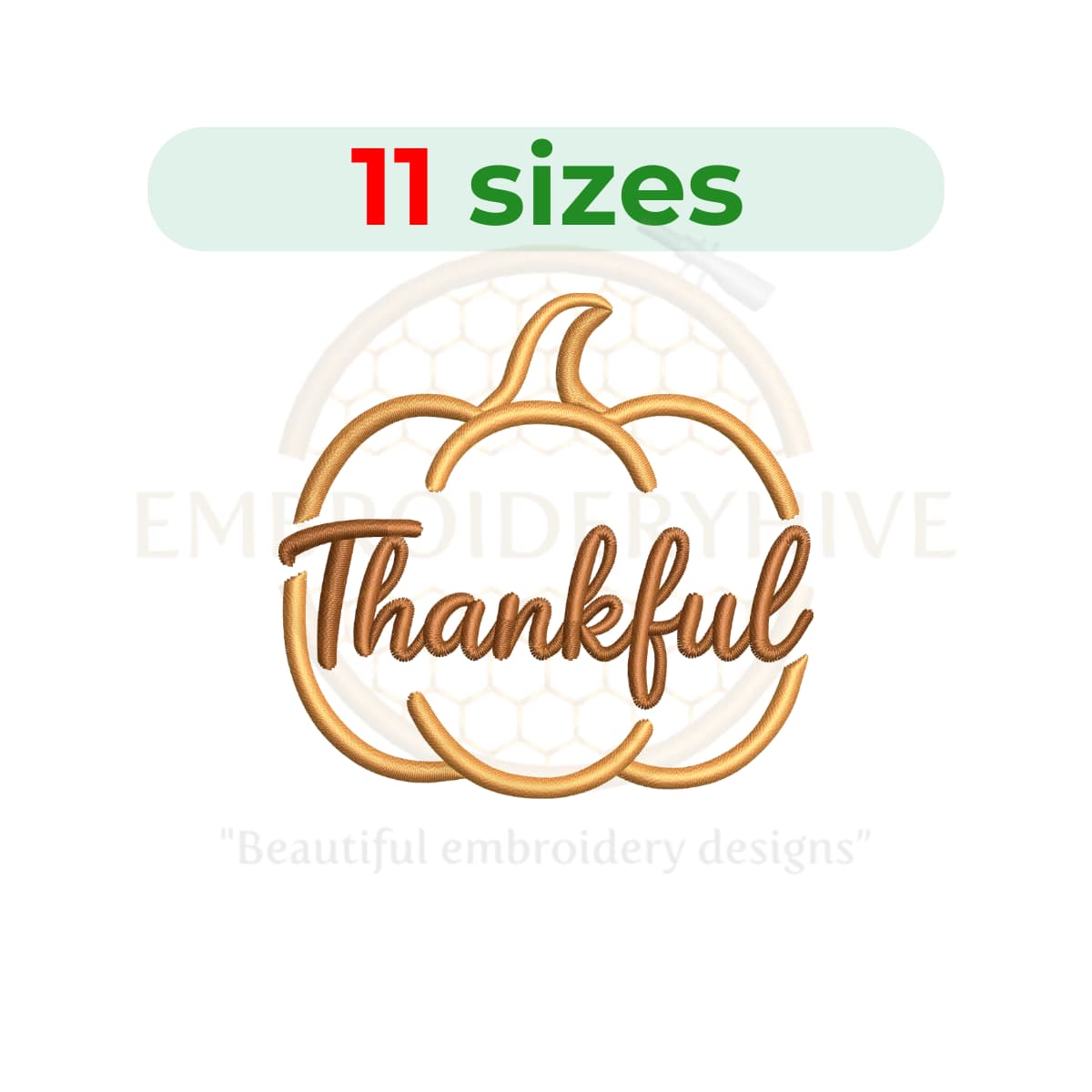 Thanksgiving pumpkin embroidery design for machine embroidery, fall-themed digital download from 2.5 to 7.5 inches wide, perfect for seasonal decor and gifts.