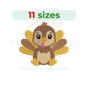 Turkey boy embroidery design for machine embroidery, Thanksgiving-themed digital download from 2.5 to 7.5 inches wide, perfect for kids’ outfits and fall decorations.