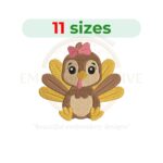Turkey girl embroidery design for machine embroidery, Thanksgiving-themed digital download from 2.5 to 7.5 inches wide, perfect for kids’ outfits and fall decor.
