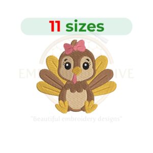 Turkey girl embroidery design for machine embroidery, Thanksgiving-themed digital download from 2.5 to 7.5 inches wide, perfect for kids’ outfits and fall decor.