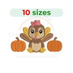 Turkey girl with pumpkin embroidery design for machine embroidery, Thanksgiving-themed digital download from 3 to 7.5 inches wide, perfect for festive projects.