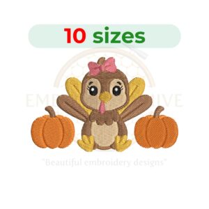 Turkey girl with pumpkin embroidery design for machine embroidery, Thanksgiving-themed digital download from 3 to 7.5 inches wide, perfect for festive projects.