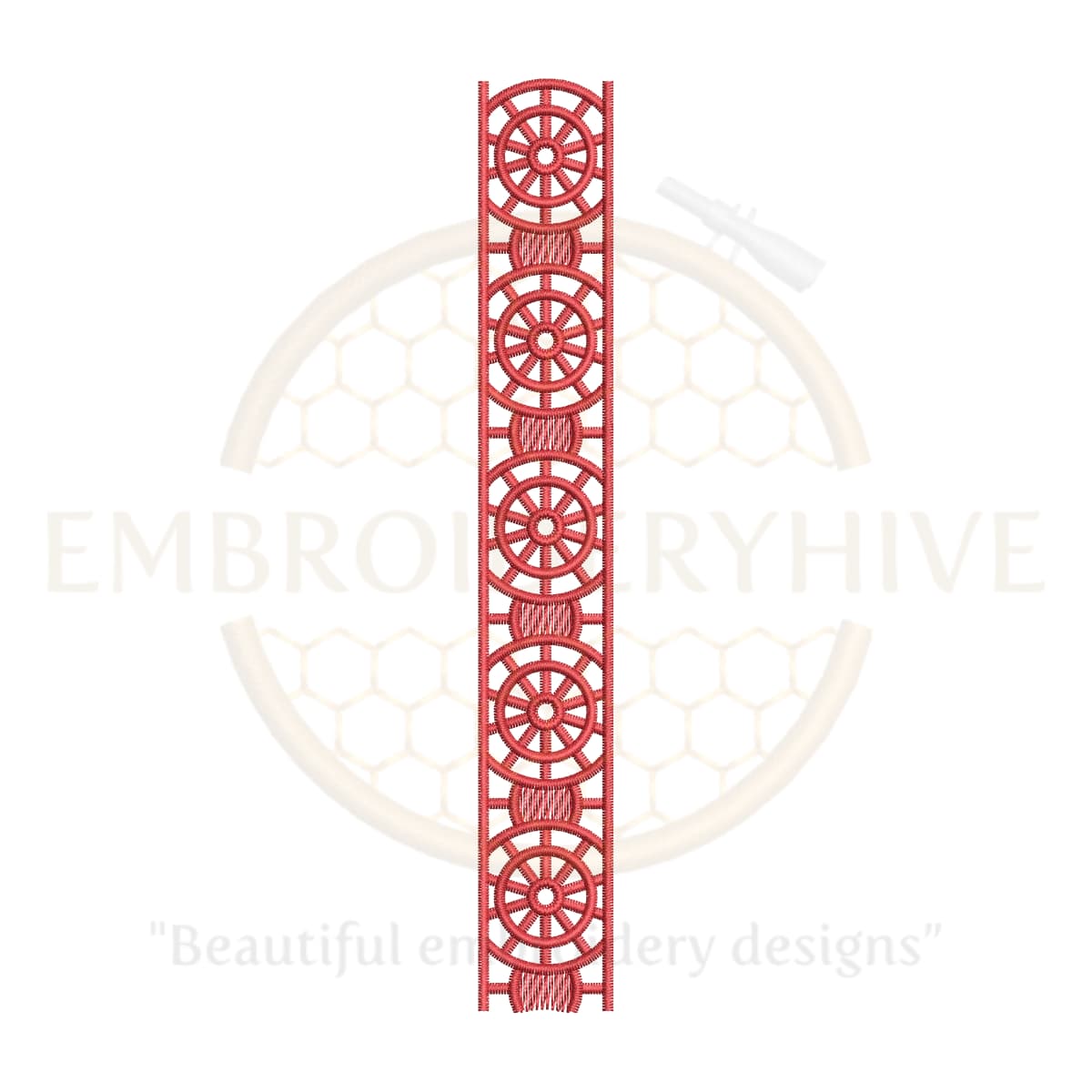 Red circle wheel border embroidery design, geometric border machine embroidery pattern, digital border for home décor and clothing.
