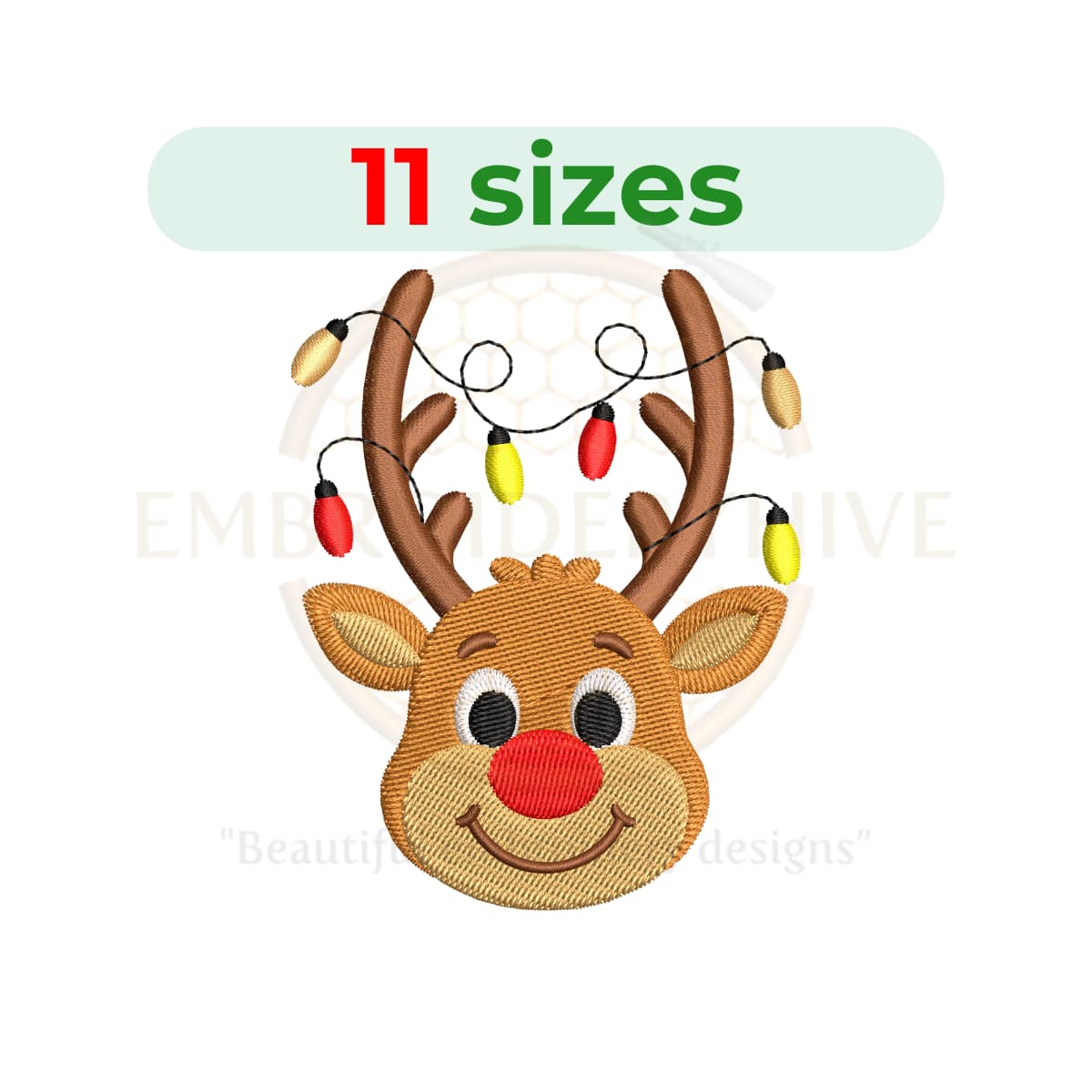 Reindeer Head with Christmas Lights Embroidery Design, festive holiday embroidery pattern for Christmas decor and clothing, digital machine embroidery download.