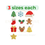 Christmas Mini Embroidery Design Set, 10 festive machine embroidery patterns including bell, tree, gift box, reindeer, Santa hat, stocking, snowflake, and more. Small designs 1–2 inches.