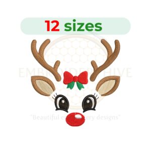 Christmas Reindeer Head Embroidery Design, festive deer embroidery for holiday decor and gifts, machine embroidery digital download in 12 sizes.
