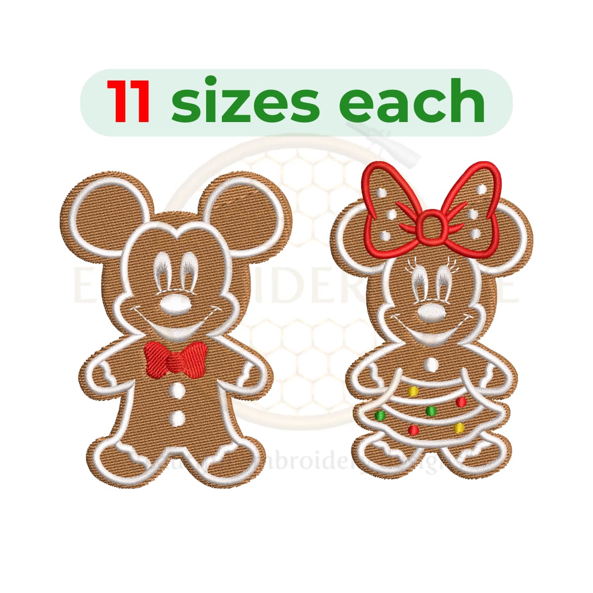 Gingerbread Mickey and Minnie Embroidery Design Set, cute Christmas embroidery designs for holiday projects, festive embroidery download in 11 sizes.