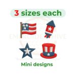 4th of July mini embroidery design set with flag, rocket, star, and hat for machine embroidery.